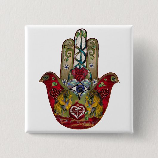 Badge Carré 5 Cm Ruby Pomegranate Heart Red Bird Hamsa (Devant)