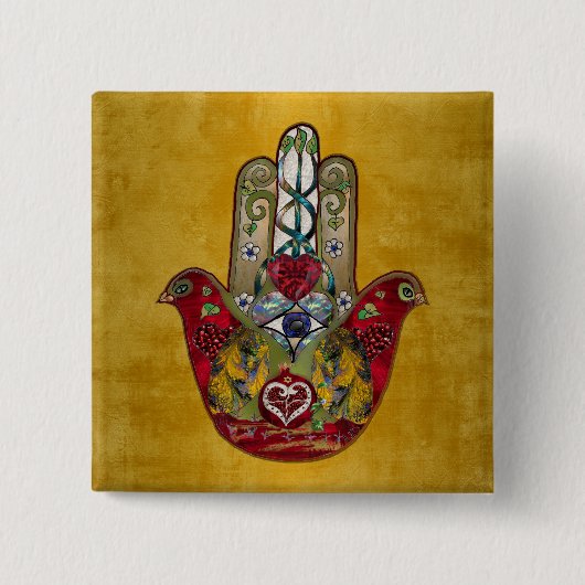 Badge Carré 5 Cm Ruby Pomegranate Heart Red Bird Hamsa (Devant)