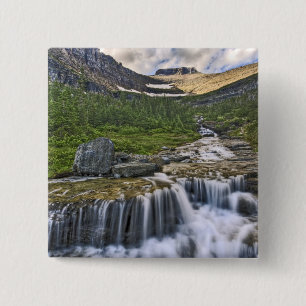 Badge Carré 5 Cm ruisseau en cascade, parc national des Glaciers,