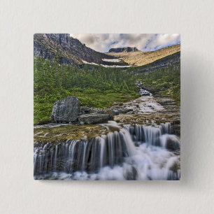 Badge Carré 5 Cm ruisseau en cascade, parc national des Glaciers,