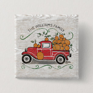 Badge Carré 5 Cm Rustic Vintage Red Truck Citrouilles Nom de famill