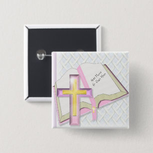 Badge Carré 5 Cm Sac à dos religieux chrétien croisé rose ou épine