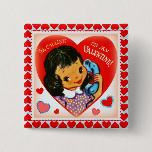 Badge Carré 5 Cm Saint Valentin Mignon Fille et Cœurs