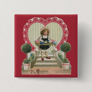 Badge Carré 5 Cm Saint-Valentin mignon vintage, Fille avec des fleu