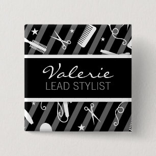 Badge Carré 5 Cm Salon des cheveux noirs et gris Nom Insigne
