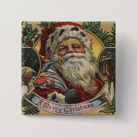 Badge Carré 5 Cm Salutation de NoëlPère Noël et rennes (Devant)