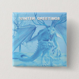 Badge Carré 5 Cm Salutations d'hiver. Dragon de glace avec bois