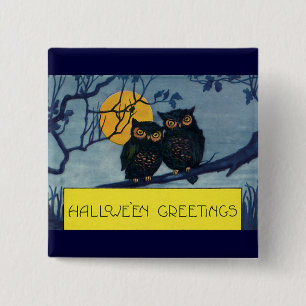 Badge Carré 5 Cm Salutations Halloween vintage, Hiboux dans l'arbre