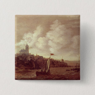 Badge Carré 5 Cm Scène de rivière et de ville