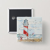Badge Carré 5 Cm Scène rouge et blanche de phare (Devant & derrière)