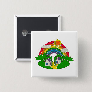 Badge Carré 5 Cm Scène rurale de dessin animé avec arc-en-ciel et m
