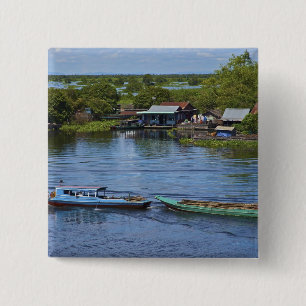 Badge Carré 5 Cm Scène rurale, lac Tonle Sap, Siem Reap, Angkor,