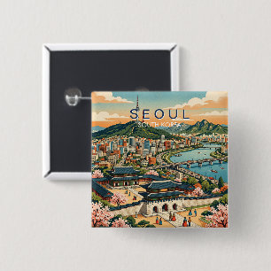 Badge Carré 5 Cm Séoul Corée du Sud Voyage Art Vintage