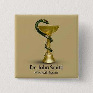 Badge Carré 5 Cm Serpent beige Médicale Bowl Hygieia Gold Caduceus