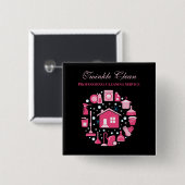 Badge Carré 5 Cm Service de nettoyage des fournitures en noir rose (Devant & derrière)