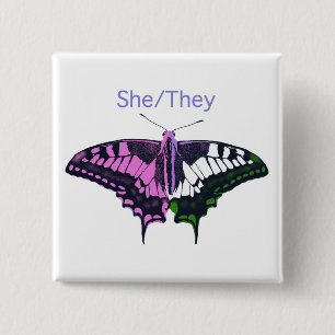Badge Carré 5 Cm She/They Non-Binary Flag Swallowtail Butterfly
