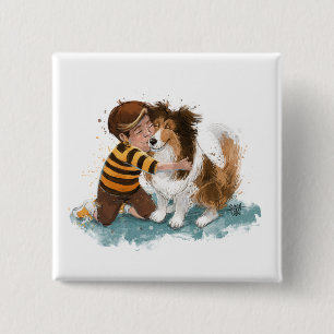 Badge Carré 5 Cm Sheltie et garçon câlinent