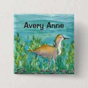 Badge Carré 5 Cm Shore Bird Lake Watercolor Nom personnalisé