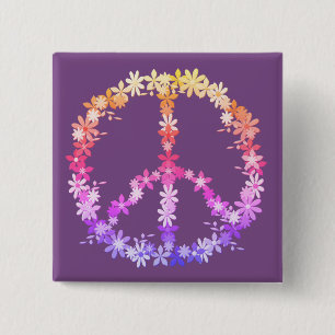 Badge Carré 5 Cm Signe de paix avec fleurs colorées