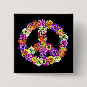 Badge Carré 5 Cm Signe de Paix Floral sur Fond Noir