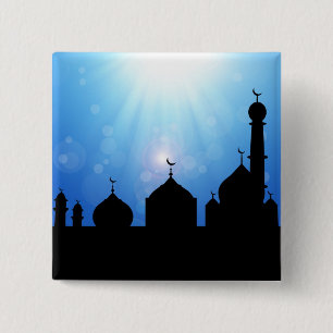 Badge Carré 5 Cm Silhouette mosquée avec rayons du soleil - Bouton