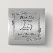 Badge Carré 5 Cm Silver Gem & Glitter 25th Wedding Anniversary (Devant)