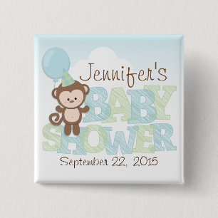 Badge Carré 5 Cm Singe mignon ; Baby shower bleu et vert