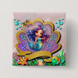 Badge Carré 5 Cm Sirène, Coquillage, Amis Animaux Marins, Récif de