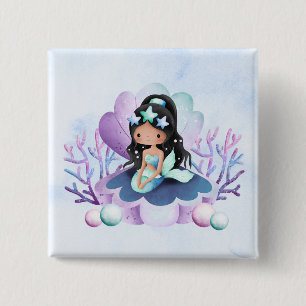 Badge Carré 5 Cm Sirène Magique Anniversaire Aquarelle