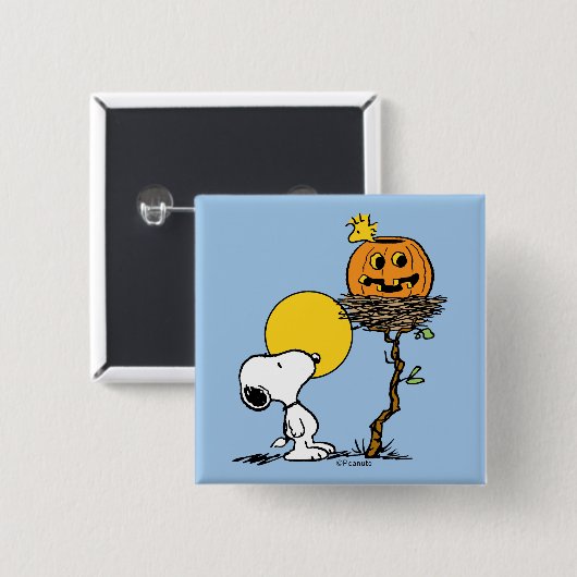 Badge Carré 5 Cm Snoopy & Bois Nid Avec Jack O'Lantern (Devant & derrière)