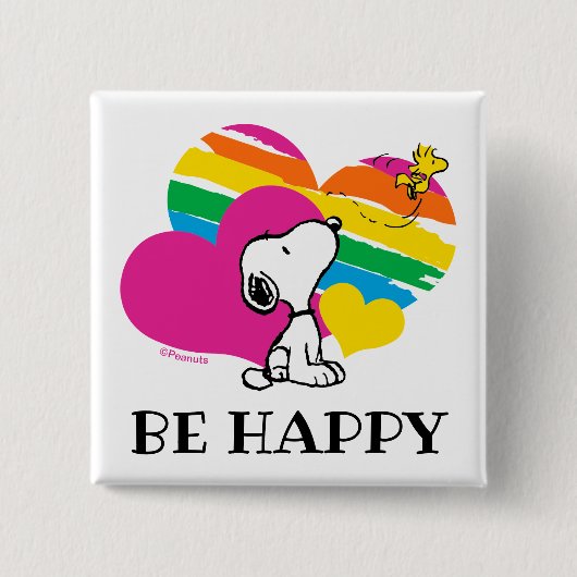 Badge Carré 5 Cm Snoopy et Woodstock | Coeurs arc-en-ciel (Devant)