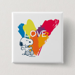 Badge Carré 5 Cm Snoopy   Rainbow Love Heart