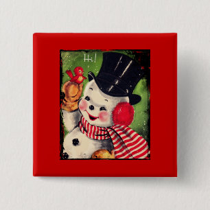 Badge Carré 5 Cm Snowman vintage avec un Oiseau Rouge