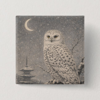 Badge Carré 5 Cm Snowy Owl Pin Badge, Japanese Moon Pagoda Wildlife