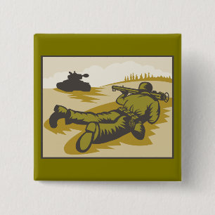 Badge Carré 5 Cm Soldat et char Bazooka de la Seconde Guerre mondia