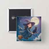 Badge Carré 5 Cm Sorcière mignonne Avec Bouton Chat (Devant & derrière)