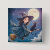 Badge Carré 5 Cm Sorcière mignonne Avec Bouton Chat (Devant)
