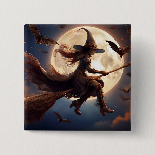Badge Carré 5 Cm Sorcière Steampunk Halloween Vol au Clair de Lune