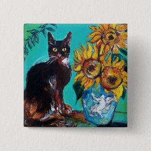 Badge Carré 5 Cm SOUFFLE AVEC CHAT NOIR, Jaune Turquoise Bleu