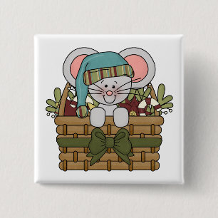 Badge Carré 5 Cm Souris de Noël dans le panier
