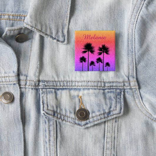 Badge Carré 5 Cm Sparkly Palm Trees Gradient Sunset Personalised (En situation)