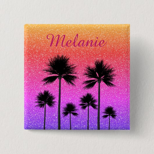 Badge Carré 5 Cm Sparkly Palm Trees Gradient Sunset Personalised (Devant)