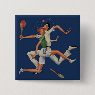 Badge Carré 5 Cm Sports Vintage, Joueurs de Tennis se Heurtent avec