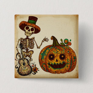 Badge Carré 5 Cm Squelette vintage/Jour Citrouille des morts