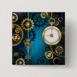 Badge Carré 5 Cm Steampunk Arrière - plan turquoise avec Gears