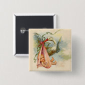 BADGE CARRÉ 5 CM STORK BABY SHOWER FILLE ROSE (Devant & derrière)