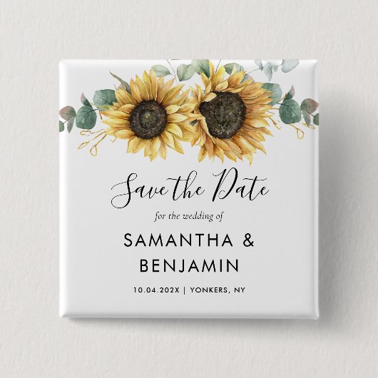 Badge Carré 5 Cm Sunflower Eucalyptus Script Wedding Enregistrer la (Devant)