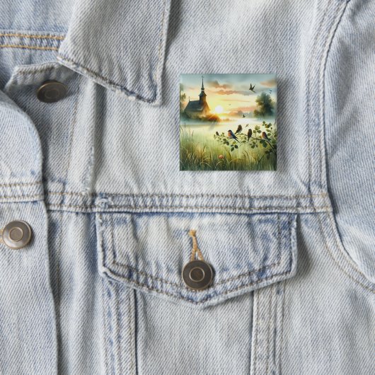 Badge Carré 5 Cm Sunrise Church with Birds in Misty Meadow No Verse (En situation)