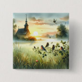 Badge Carré 5 Cm Sunrise Church with Birds in Misty Meadow No Verse (Devant)