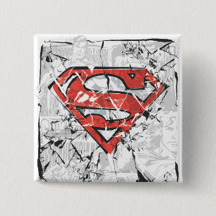 Badge Carré 5 Cm Superman Stylisé  Logo comique endommagé